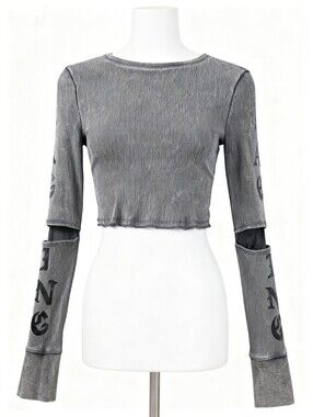 Divided Charcoal Ribbed Long Sleeve Crop Top "RAGING" Open Elbow
